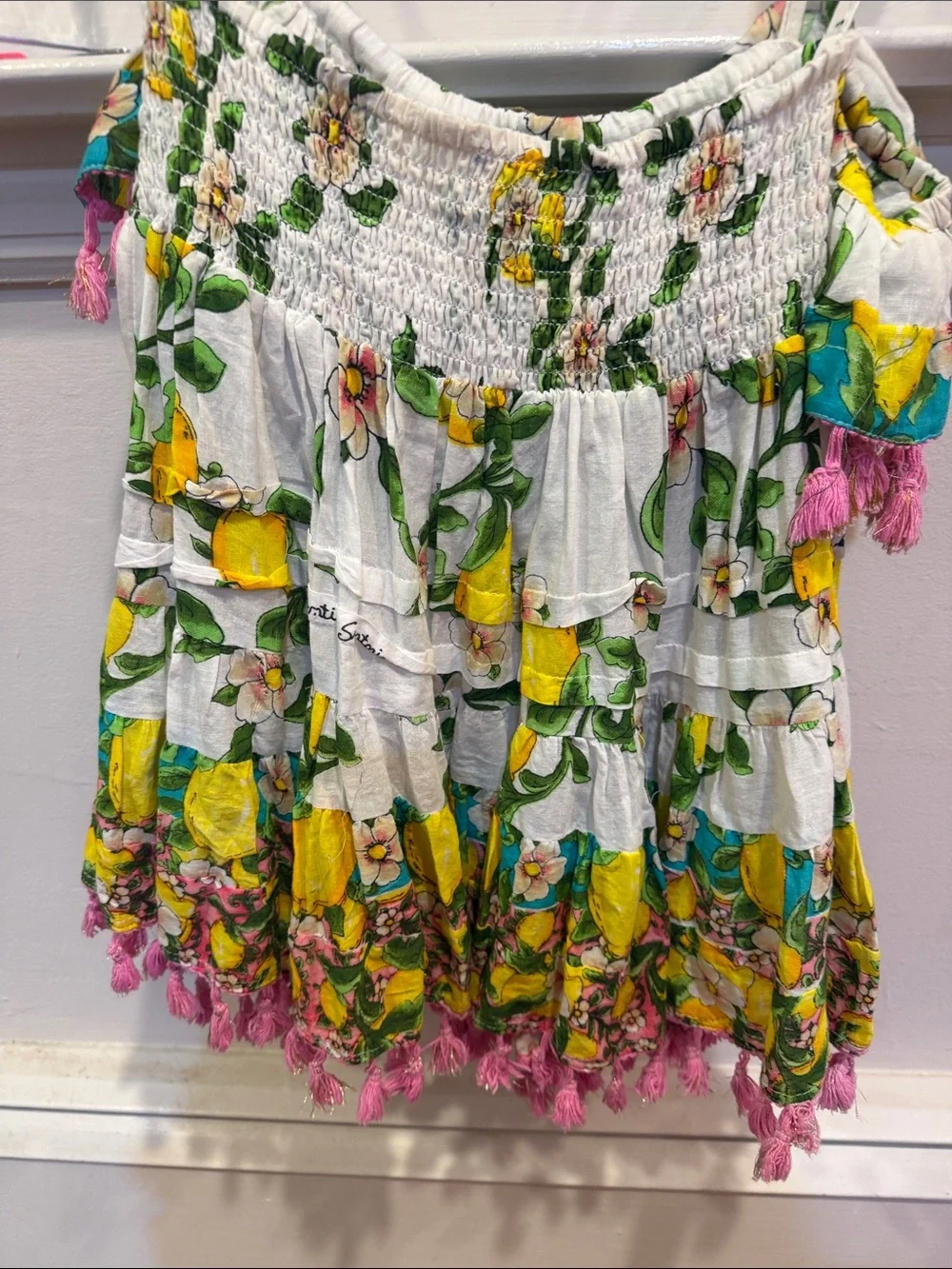 NWT from Positano, Italy Lemon-Print Ruffle Tank Top Pink Tassels w matching Top